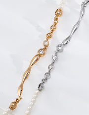 mayite Liquid Metal Fluid Wave Pearl Necklace - S925 Sterling Silver Sparkly CZ Natural Freshwater Pearl Choker, Modern Romantic Jewelry for Women