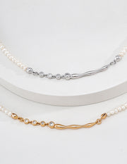 mayite Liquid Metal Fluid Wave Pearl Necklace - S925 Sterling Silver Sparkly CZ Natural Freshwater Pearl Choker, Modern Romantic Jewelry for Women