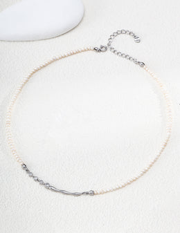 mayite Liquid Metal Fluid Wave Pearl Necklace - S925 Sterling Silver Sparkly CZ Natural Freshwater Pearl Choker, Modern Romantic Jewelry for Women