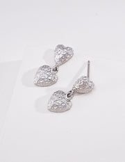 mayite Vintage Hammered Cascading Heart Earrings - S925 Sterling Silver Molten Textured Double Heart Dangle Earrings, Romantic Gift for Her