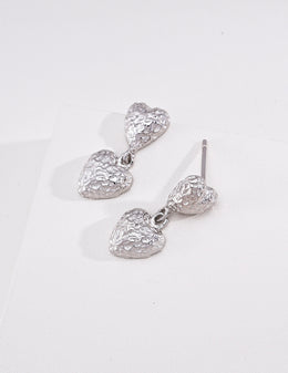 mayite Vintage Hammered Cascading Heart Earrings - S925 Sterling Silver Molten Textured Double Heart Dangle Earrings, Romantic Gift for Her