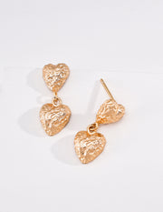 mayite Vintage Hammered Cascading Heart Earrings - S925 Sterling Silver Molten Textured Double Heart Dangle Earrings, Romantic Gift for Her