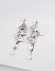 mayite Art Deco Tiered Fan Tassel Pearl Earrings - S925 Sterling Silver Oriental Feather Fan Dangle Earrings, Elegant Chinoiserie Gift for Women