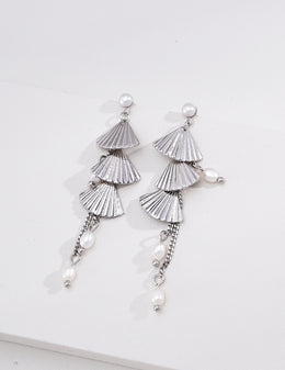 mayite Art Deco Tiered Fan Tassel Pearl Earrings - S925 Sterling Silver Oriental Feather Fan Dangle Earrings, Elegant Chinoiserie Gift for Women