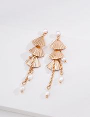 mayite Art Deco Tiered Fan Tassel Pearl Earrings - S925 Sterling Silver Oriental Feather Fan Dangle Earrings, Elegant Chinoiserie Gift for Women