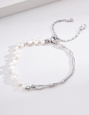 mayite Half-and-Half Fluid Metal & Freshwater Pearl Bracelet - S925 Sterling Silver Sculptural Twisted Bar Pearl Choker Link Bracelet, Modern Elegant Gift for Her