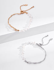 mayite Half-and-Half Fluid Metal & Freshwater Pearl Bracelet - S925 Sterling Silver Sculptural Twisted Bar Pearl Choker Link Bracelet, Modern Elegant Gift for Her