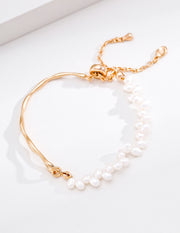 mayite Half-and-Half Fluid Metal & Freshwater Pearl Bracelet - S925 Sterling Silver Sculptural Twisted Bar Pearl Choker Link Bracelet, Modern Elegant Gift for Her