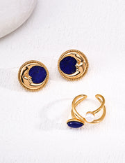 mayite Celestial Lapis Lazuli Moon Face Stud Earrings - S925 Sterling Silver Vintage Beaded Crescent Moon studs, Romantic Oriental Guardian Gift