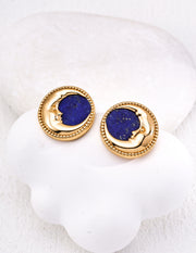 mayite Celestial Lapis Lazuli Moon Face Stud Earrings - S925 Sterling Silver Vintage Beaded Crescent Moon studs, Romantic Oriental Guardian Gift