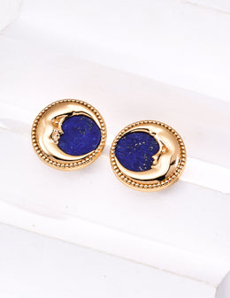 mayite Celestial Lapis Lazuli Moon Face Stud Earrings - S925 Sterling Silver Vintage Beaded Crescent Moon studs, Romantic Oriental Guardian Gift