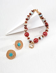Vintage Gold Beaded Bracelet with Shoushan Stone & Cinnabar Charm