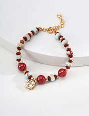 Vintage Gold Beaded Bracelet with Shoushan Stone & Cinnabar Charm