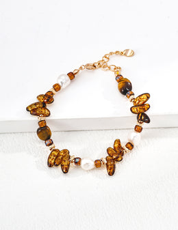 Vintage Pearl, Czech Glass & Tiger's Eye Bracelet in Sterling Silver