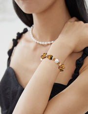 Vintage Pearl, Czech Glass & Tiger's Eye Bracelet in Sterling Silver