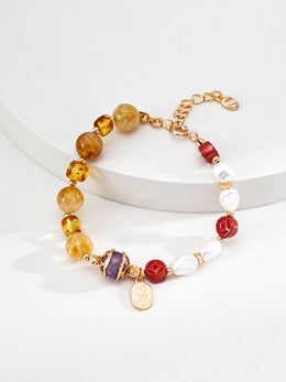 The Aura of Abundance Bracelet | Amethyst, Amber & Coin Charm