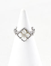 Adjustable Four-Leaf Clover Ring | Pearl & CZ Blessing Ring