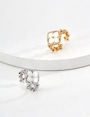 Adjustable Four-Leaf Clover Ring | Pearl & CZ Blessing Ring