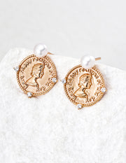Emblem Pearl Stud Earrings in Vintage Gold | S925 Sterling Silver