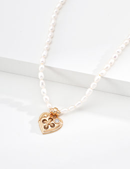 S925 Silver Round Button Zircon Necklace with Pearl, Retro Gold & White Gold Lucky Pendant Necklace