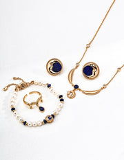 mayite Celestial Lapis Lazuli Moon Face Stud Earrings - S925 Sterling Silver Vintage Beaded Crescent Moon studs, Romantic Oriental Guardian Gift