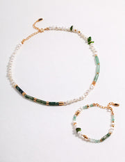 Designer Green Gemstone & Pearl Statement Necklace | Moss Agate, Aventurine & Sterling Silver