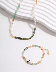 Designer Green Gemstone & Pearl Statement Necklace | Moss Agate, Aventurine & Sterling Silver