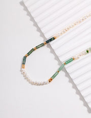 Designer Green Gemstone & Pearl Statement Necklace | Moss Agate, Aventurine & Sterling Silver