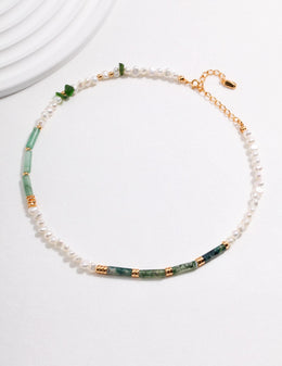 Designer Green Gemstone & Pearl Statement Necklace | Moss Agate, Aventurine & Sterling Silver