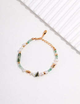 Creative Gemstone & Pearl Bracelet | Moss Agate, Strawberry Quartz & Sterling Silver